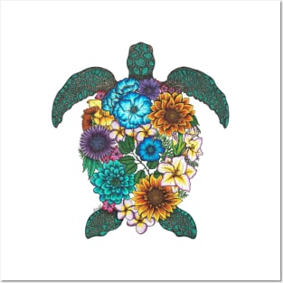 Floral Turtle Color White Background Posters and Art